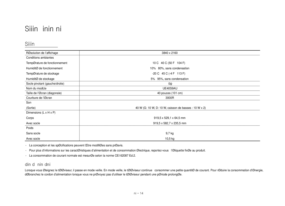 Samsung UE40S9AUXXC manual Spécifications et informations supplémentaires, Réduction de la consommation dénergie 