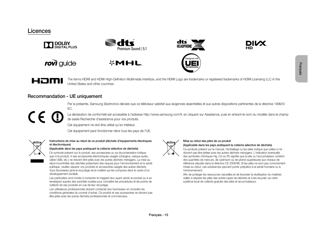 Samsung UE40S9AUXXC manual Licences, Recommandation UE uniquement 