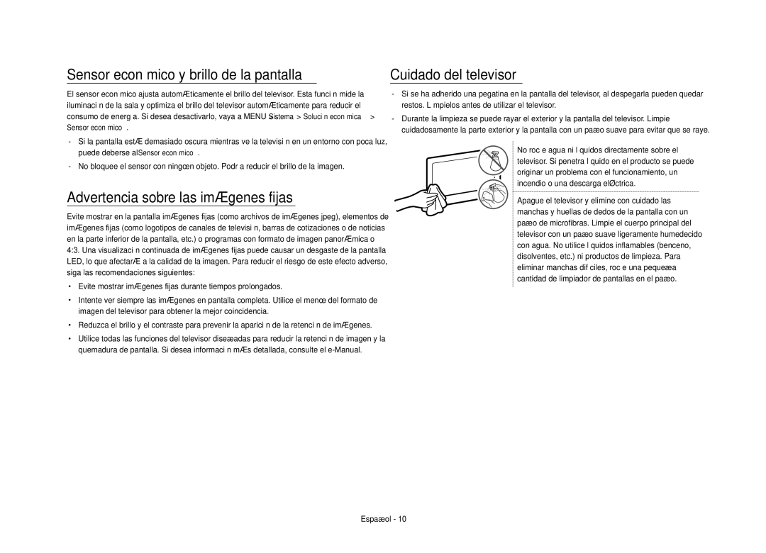 Samsung UE40S9AUXXC Sensor económico y brillo de la pantalla, Advertencia sobre las imágenes fijas, Cuidado del televisor 