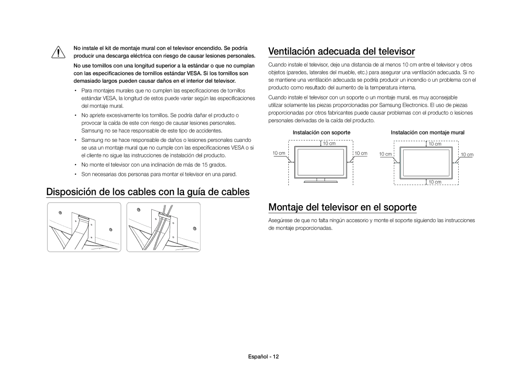 Samsung UE40S9AUXXC manual Ventilación adecuada del televisor, Disposición de los cables con la guía de cables 