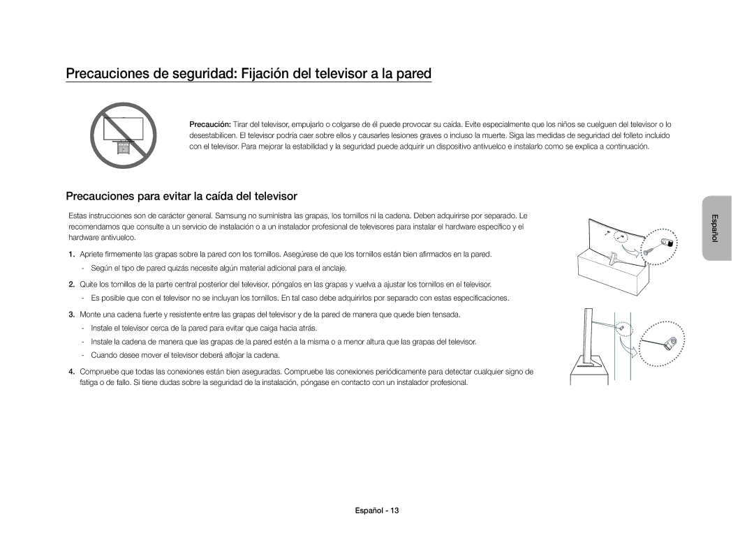 Samsung UE40S9AUXXC manual Precauciones de seguridad Fijación del televisor a la pared 