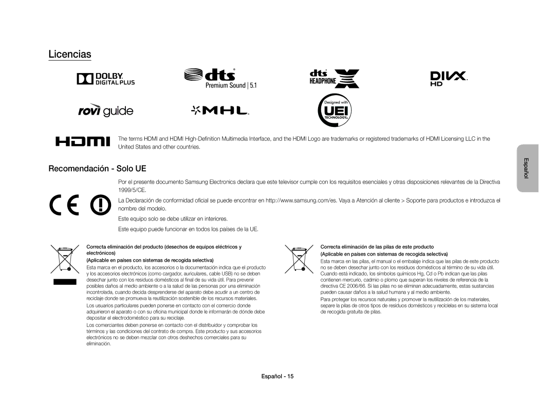 Samsung UE40S9AUXXC manual Licencias, Recomendación Solo UE 