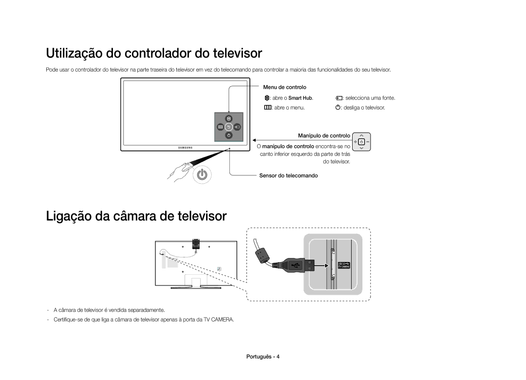 Samsung UE40S9AUXXC manual Utilização do controlador do televisor, Ligação da câmara de televisor 