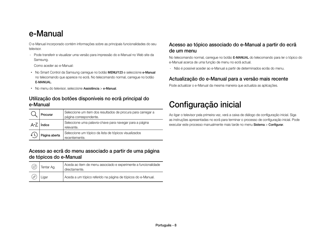 Samsung UE40S9AUXXC manual Configuração inicial, Actualização do e-Manual para a versão mais recente 