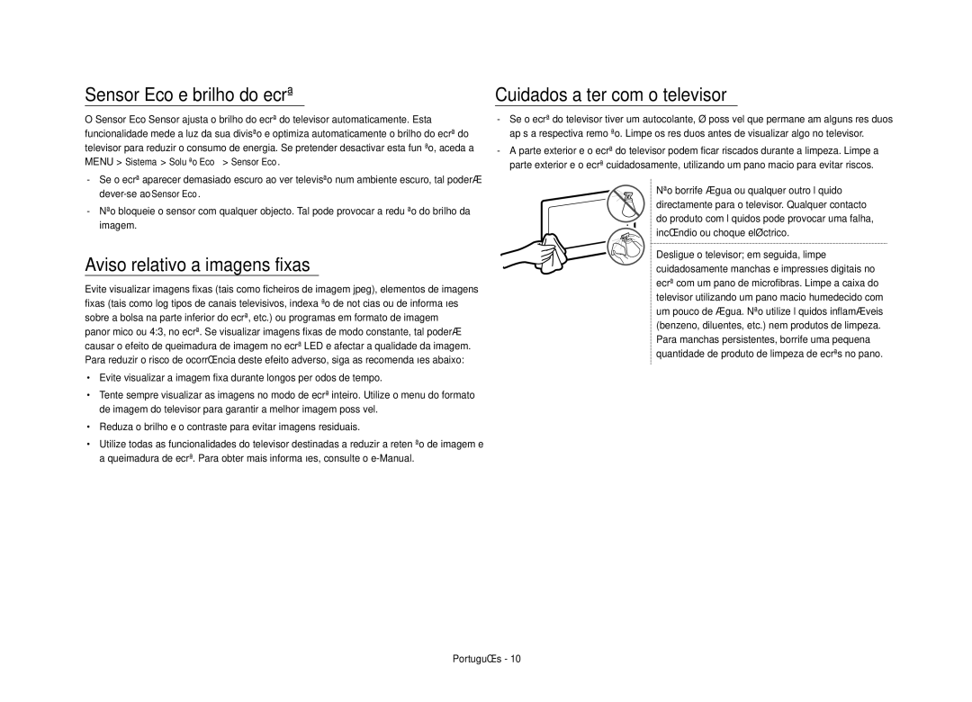 Samsung UE40S9AUXXC manual Sensor Eco e brilho do ecrã, Aviso relativo a imagens fixas, Cuidados a ter com o televisor 