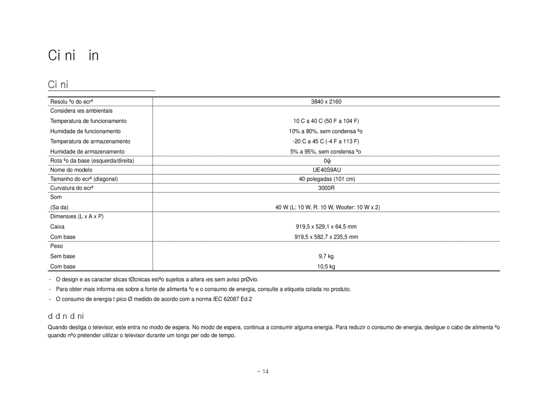 Samsung UE40S9AUXXC manual Características técnicas e outras informações, Redução do consumo de energia 