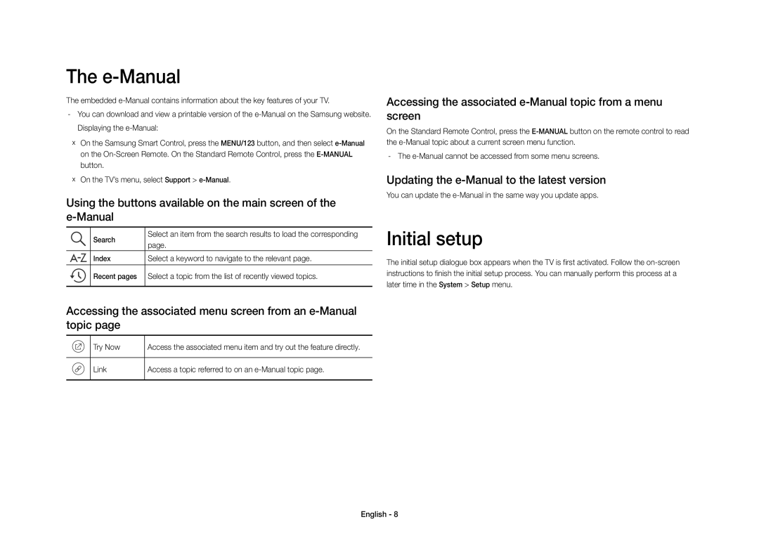 Samsung UE40S9AUXXC manual E-Manual, Initial setup, Accessing the associated menu screen from an e-Manual topic 