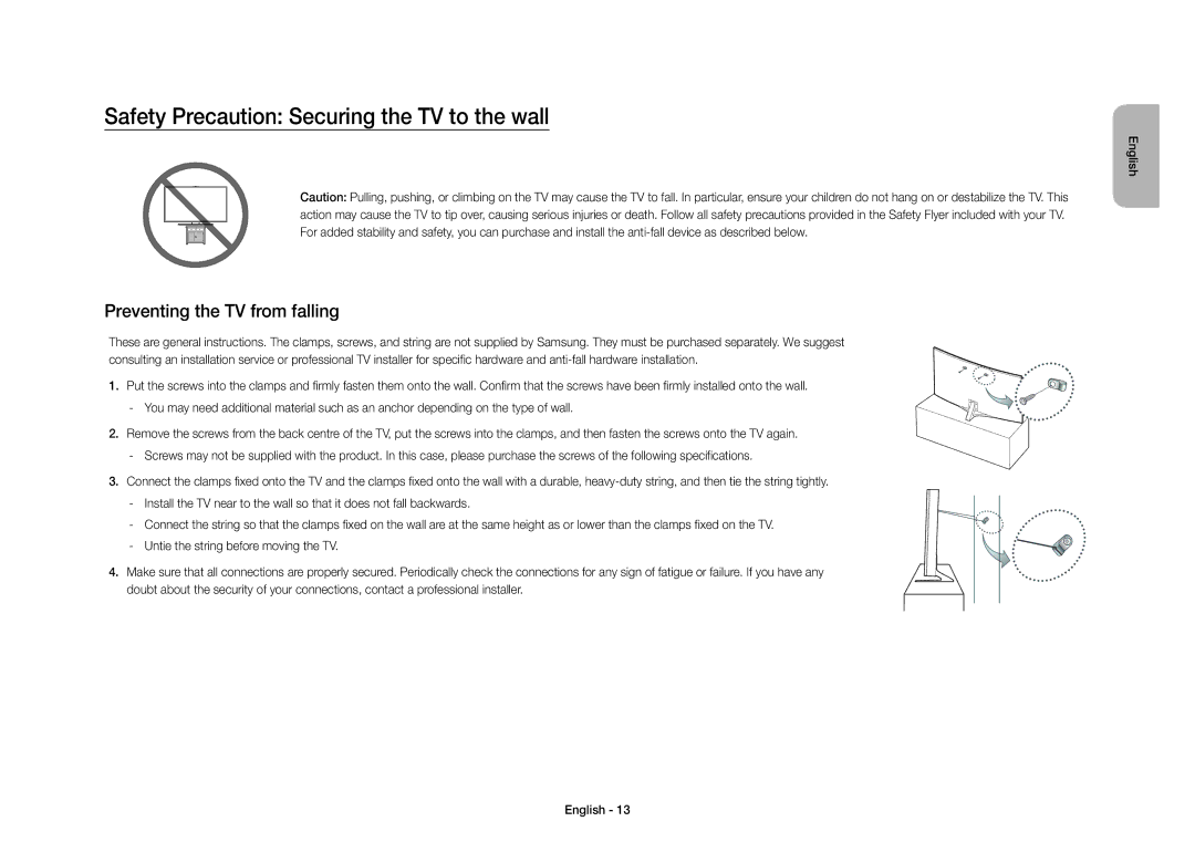 Samsung UE40S9AUXXE manual Safety Precaution Securing the TV to the wall, Preventing the TV from falling 