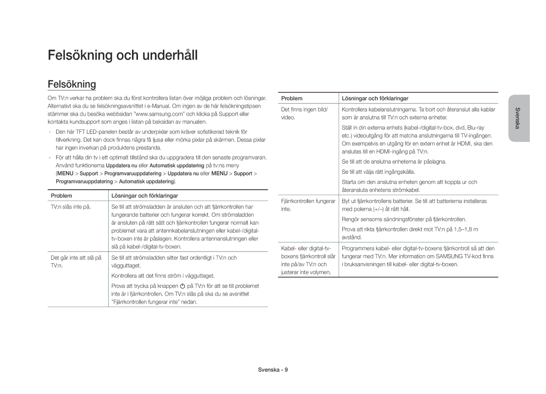 Samsung UE40S9AUXXE manual Felsökning och underhåll 