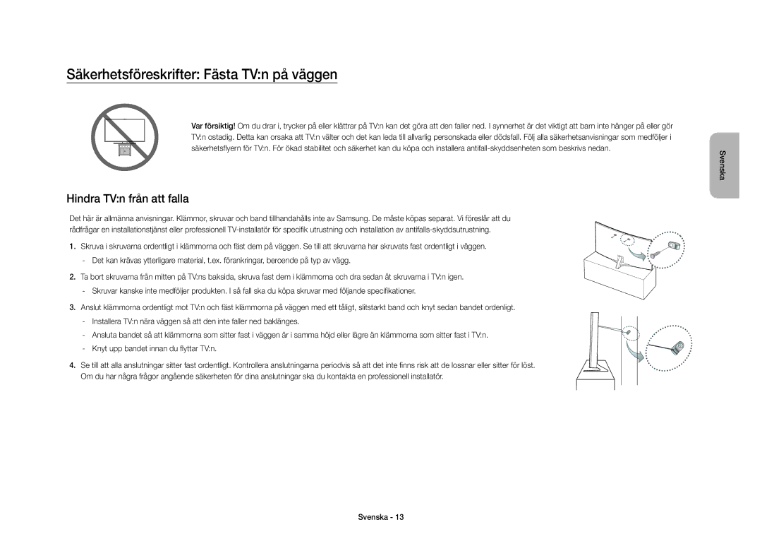 Samsung UE40S9AUXXE manual Säkerhetsföreskrifter Fästa TVn på väggen, Hindra TVn från att falla 