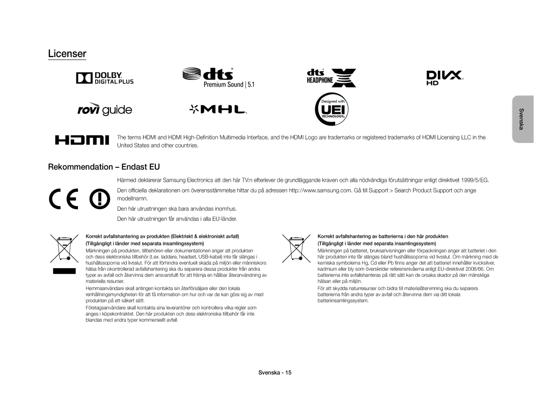 Samsung UE40S9AUXXE manual Licenser, Rekommendation Endast EU 