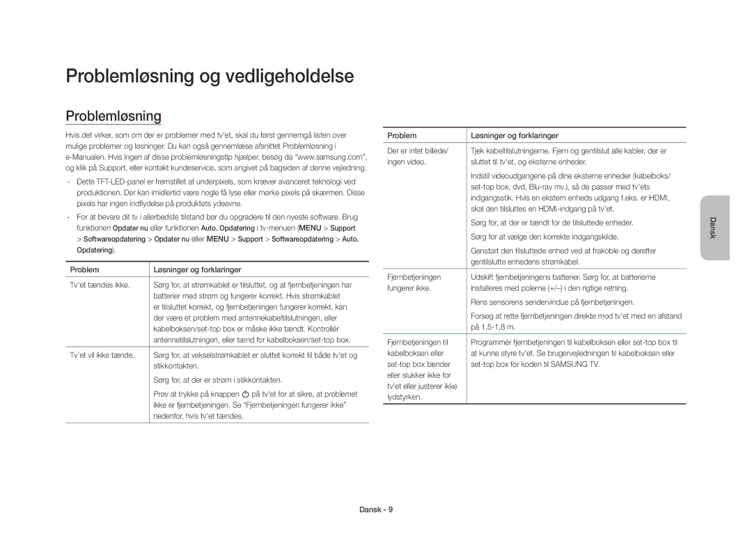 Samsung UE40S9AUXXE manual Problemløsning og vedligeholdelse 