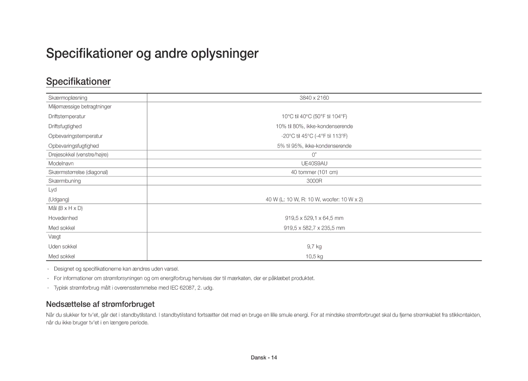 Samsung UE40S9AUXXE manual Specifikationer og andre oplysninger, Nedsættelse af strømforbruget 