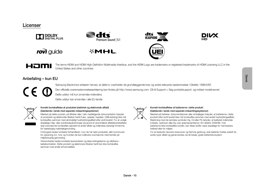 Samsung UE40S9AUXXE manual Licenser, Anbefaling kun EU 