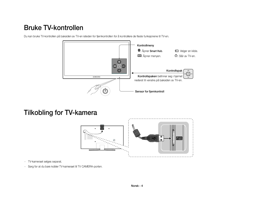 Samsung UE40S9AUXXE Bruke TV-kontrollen, Tilkobling for TV-kamera, Åpner menyen, Kontrollspak, Sensor for fjernkontroll 