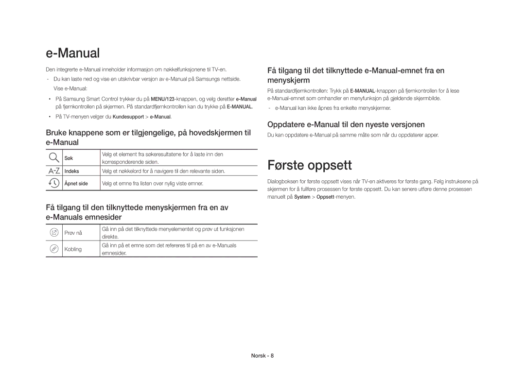 Samsung UE40S9AUXXE manual Første oppsett, Oppdatere e-Manual til den nyeste versjonen 