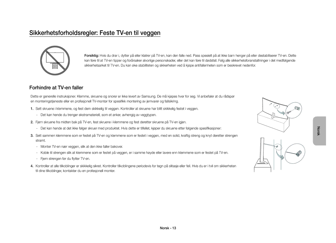 Samsung UE40S9AUXXE manual Sikkerhetsforholdsregler Feste TV-en til veggen, Forhindre at TV-en faller 