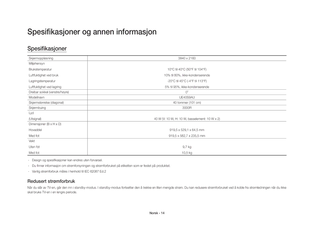 Samsung UE40S9AUXXE manual Spesifikasjoner og annen informasjon, Redusert strømforbruk 