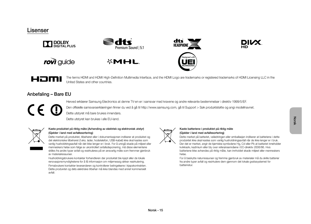 Samsung UE40S9AUXXE manual Lisenser, Anbefaling Bare EU 