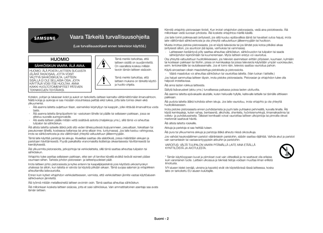 Samsung UE40S9AUXXE manual Vaara Tärkeitä turvallisuusohjeita, Suomi 