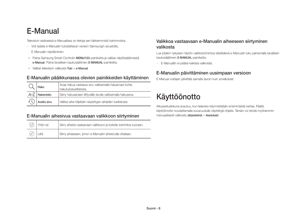 Samsung UE40S9AUXXE manual Käyttöönotto, Manualin pääikkunassa olevien painikkeiden käyttäminen 