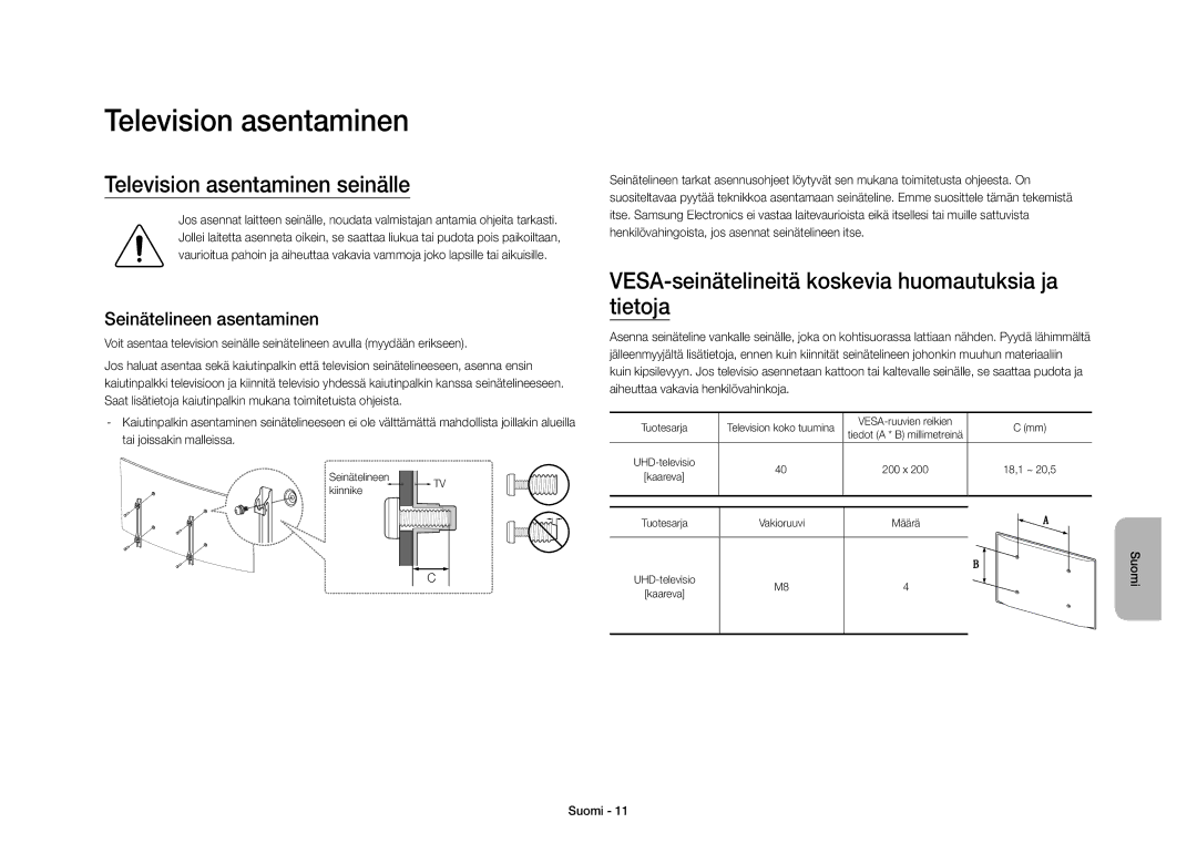 Samsung UE40S9AUXXE manual Television asentaminen seinälle, VESA-seinätelineitä koskevia huomautuksia ja tietoja 