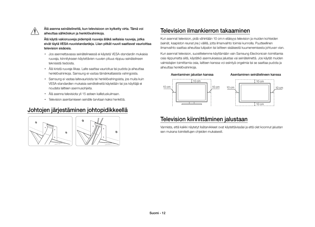 Samsung UE40S9AUXXE manual Television ilmankierron takaaminen, Johtojen järjestäminen johtopidikkeellä 