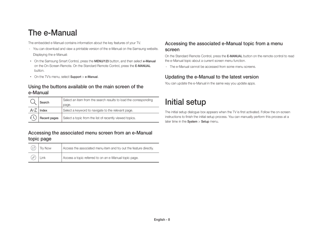 Samsung UE40S9AUXXE manual E-Manual, Initial setup, Accessing the associated menu screen from an e-Manual topic 