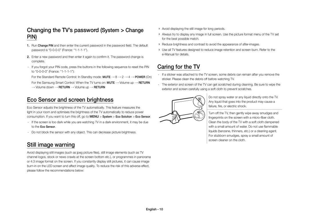 Samsung UE40S9AUXZF manual Changing the TV’s password System Change, Eco Sensor and screen brightness, Still image warning 