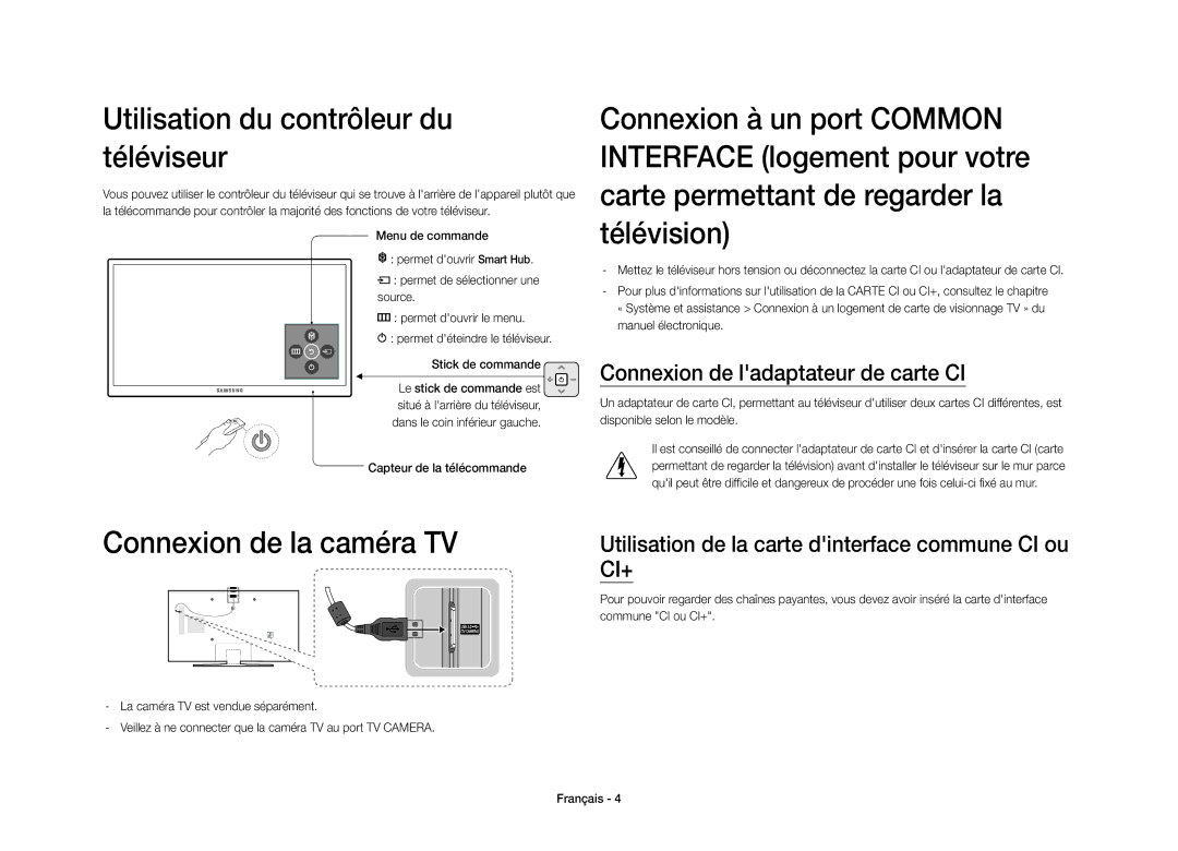 Samsung UE40S9AUXZF manual Utilisation du contrôleur du téléviseur, Connexion de la caméra TV, Capteur de la télécommande 