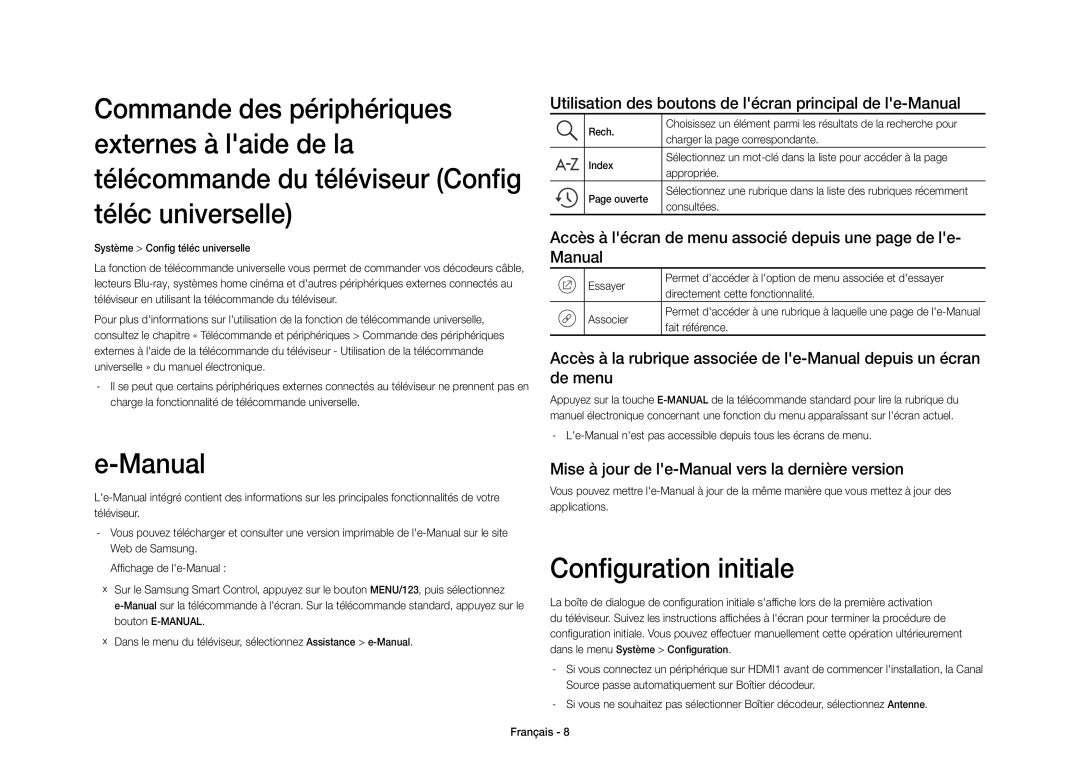 Samsung UE40S9AUXZF manual Configuration initiale, Utilisation des boutons de lécran principal de le-Manual 