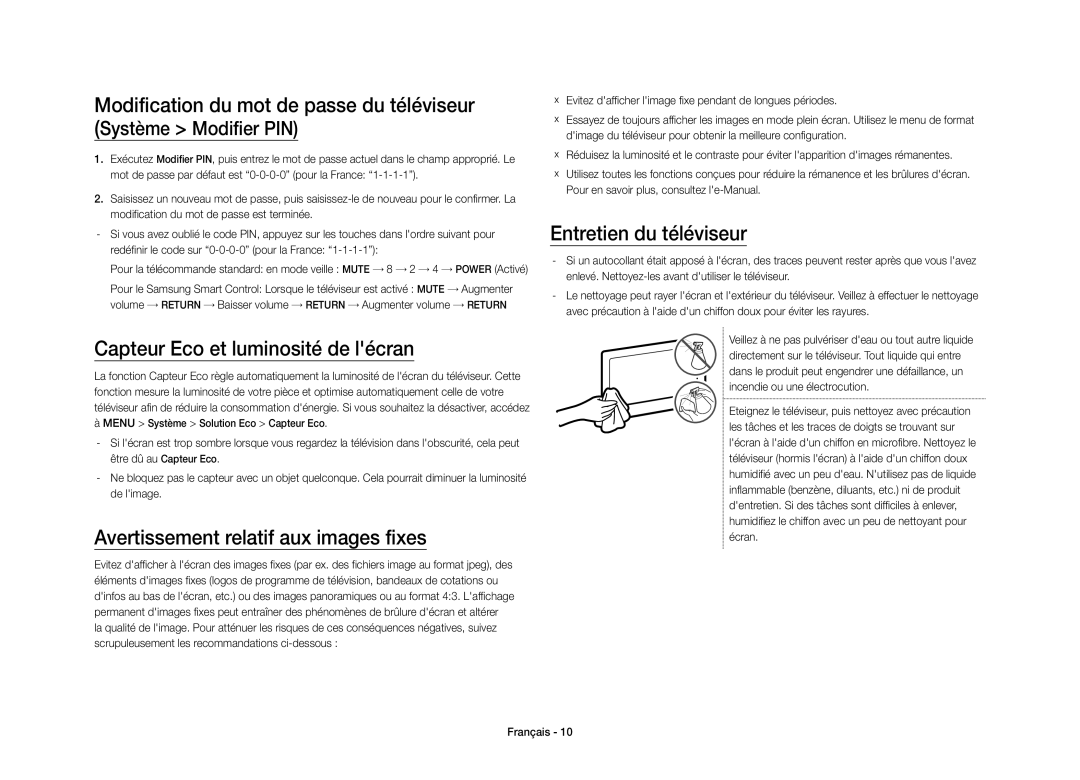 Samsung UE40S9AUXZF Capteur Eco et luminosité de lécran, Avertissement relatif aux images fixes, Entretien du téléviseur 