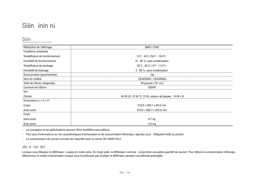 Samsung UE40S9AUXZF manual Spécifications et informations supplémentaires, Réduction de la consommation dénergie 