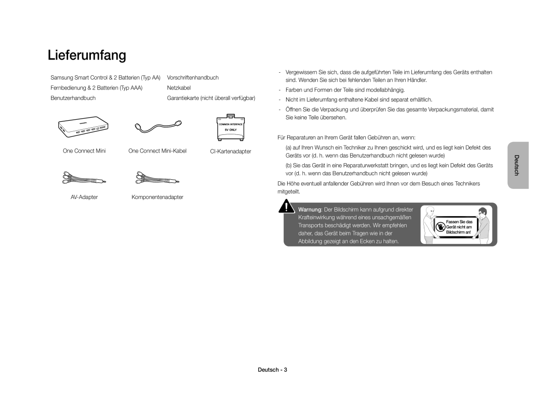 Samsung UE40S9AUXZF manual Lieferumfang, Vorschriftenhandbuch, One Connect Mini One Connect Mini-Kabel 