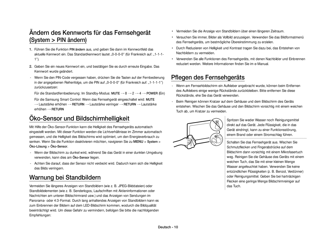 Samsung UE40S9AUXZF manual Öko-Sensor und Bildschirmhelligkeit, Warnung bei Standbildern, Pflegen des Fernsehgeräts 