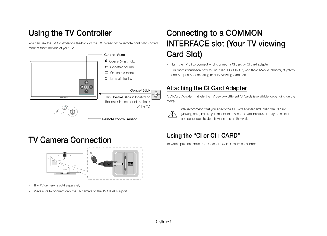 Samsung UE40S9AUXZF Using the TV Controller, TV Camera Connection, Attaching the CI Card Adapter, Using the CI or CI+ Card 