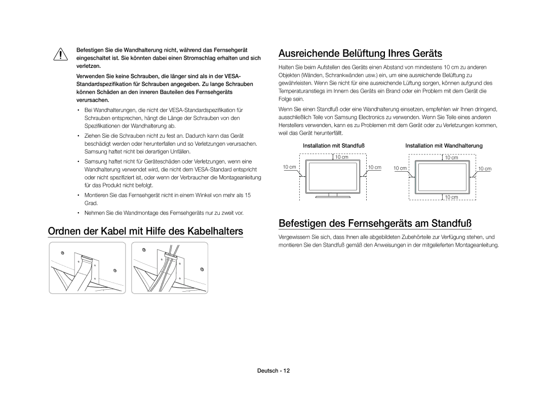 Samsung UE40S9AUXZF manual Ausreichende Belüftung Ihres Geräts, Spezifikationen der Wandhalterung ab, Grad 