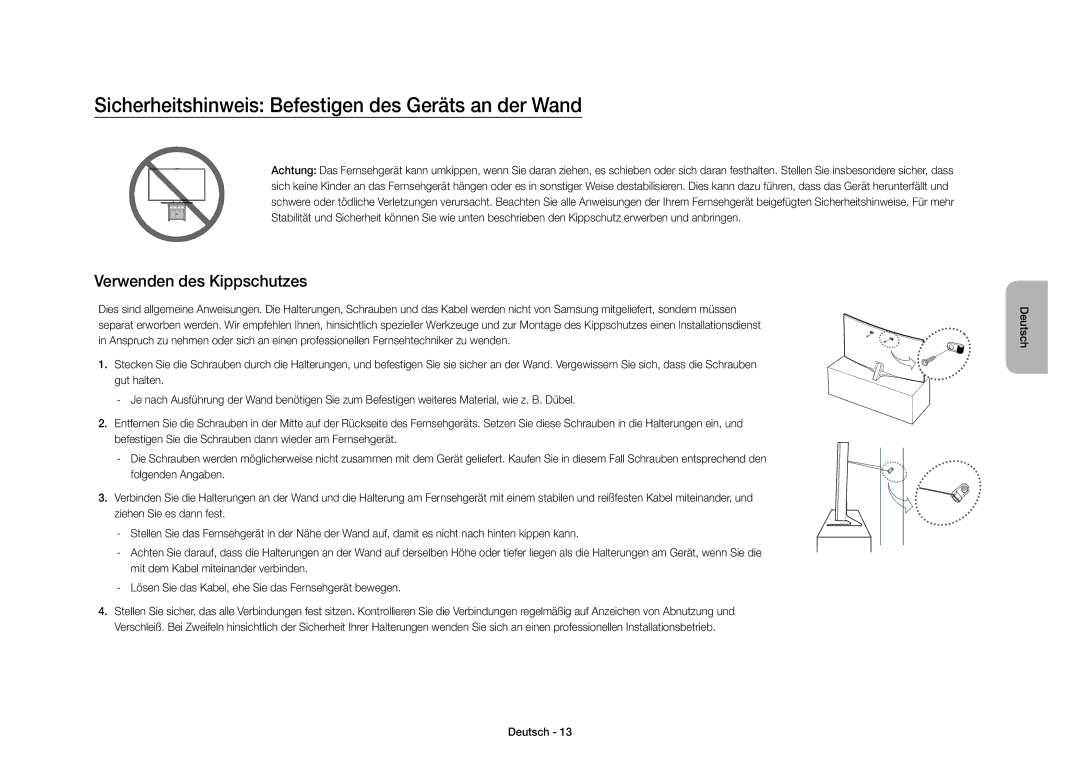 Samsung UE40S9AUXZF manual Sicherheitshinweis Befestigen des Geräts an der Wand, Verwenden des Kippschutzes 