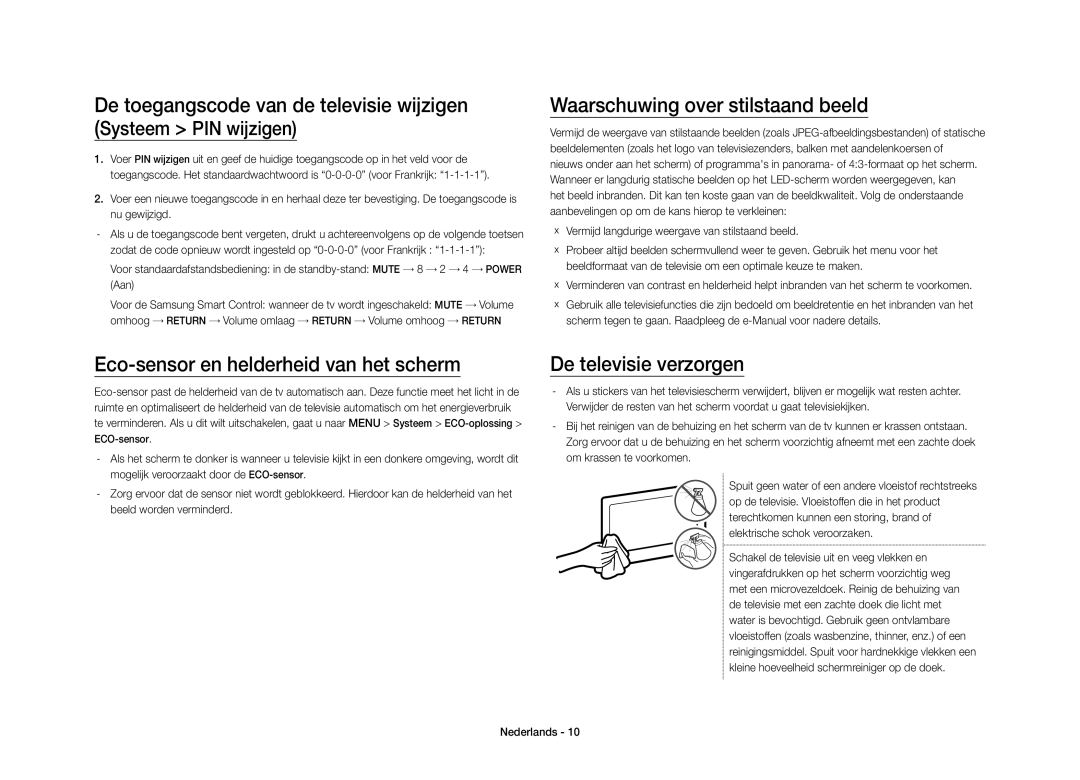 Samsung UE40S9AUXZF Waarschuwing over stilstaand beeld, Eco-sensor en helderheid van het scherm, De televisie verzorgen 