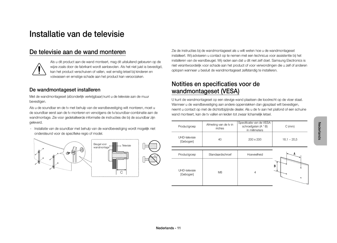 Samsung UE40S9AUXZF manual Installatie van de televisie, De televisie aan de wand monteren, De wandmontageset installeren 