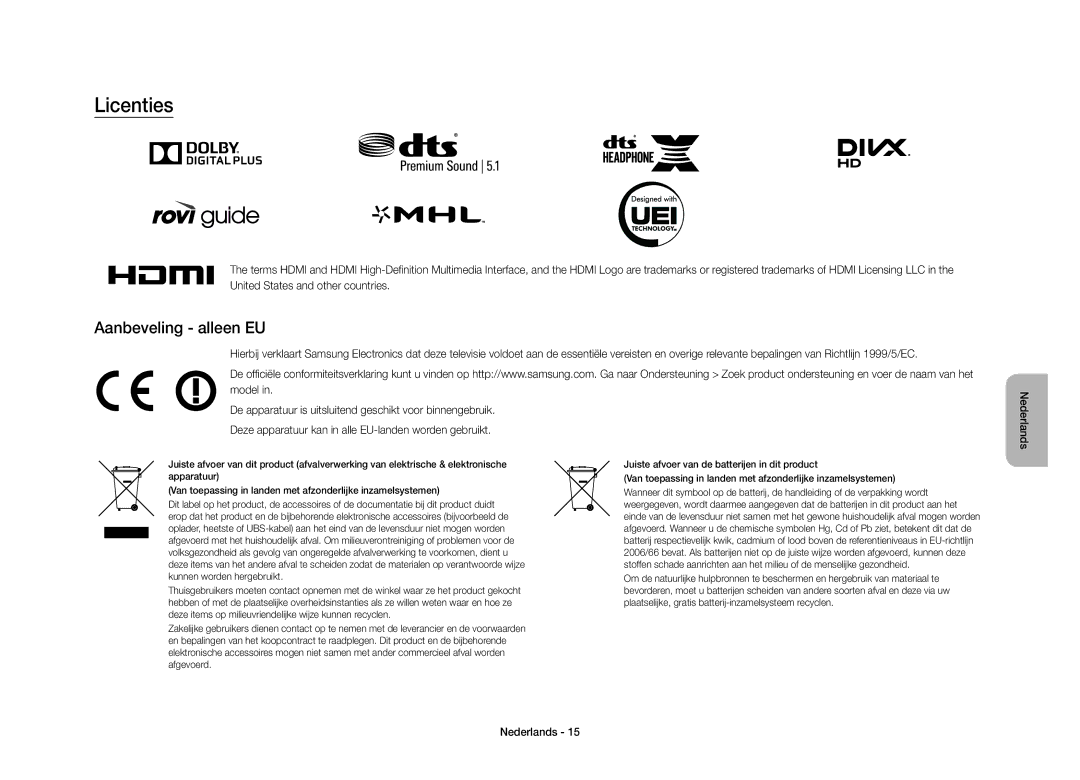 Samsung UE40S9AUXZF manual Licenties, Aanbeveling alleen EU 