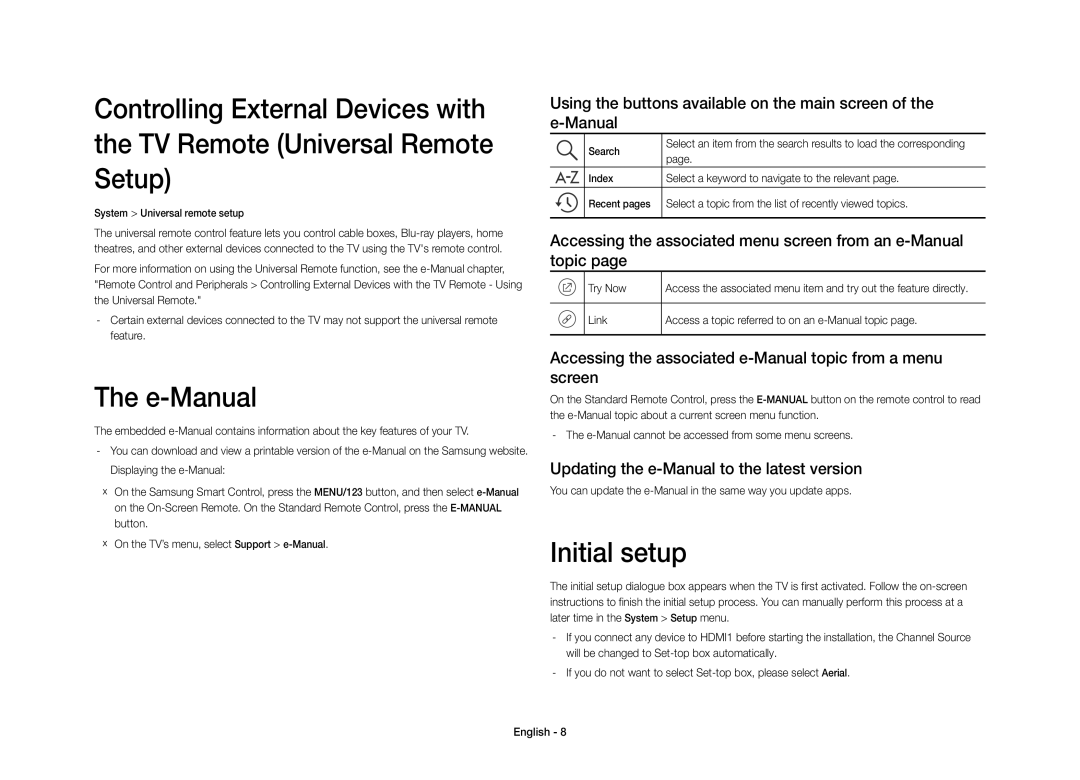 Samsung UE40S9AUXZF manual E-Manual, Initial setup, Accessing the associated menu screen from an e-Manual topic 