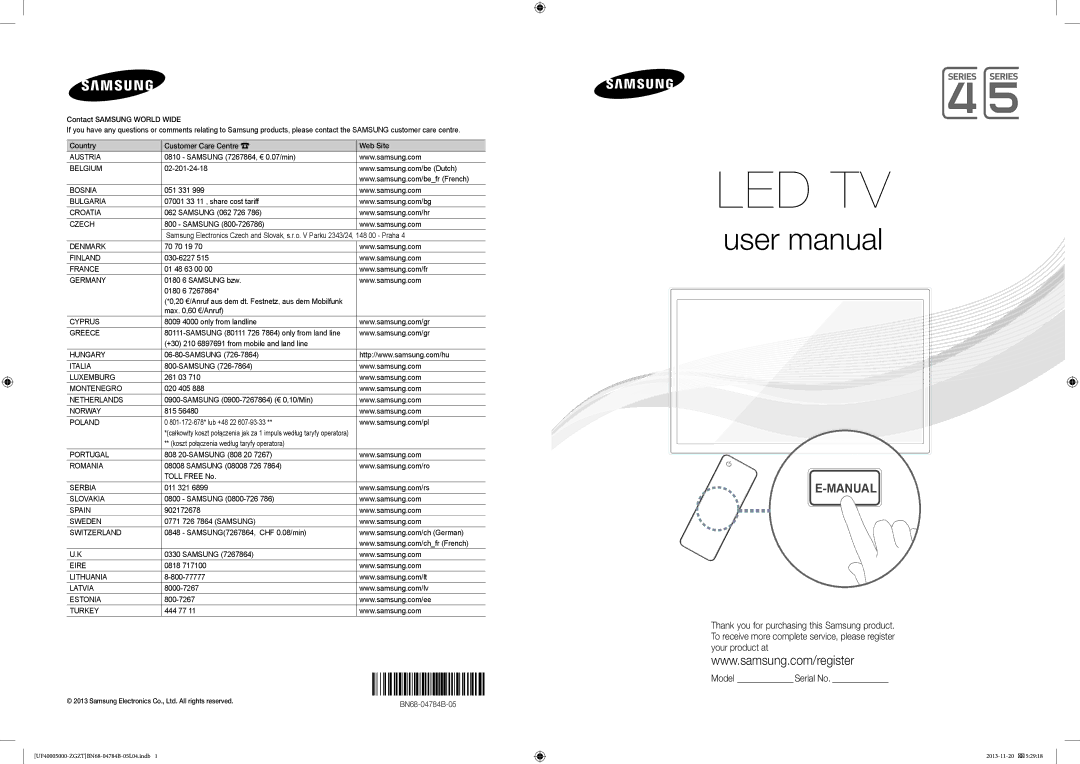 Samsung UE32F5000AWXXN manual Samsung 7267864, € 0.07/min, 02-201-24-18, 051 331, 07001 33 11 , share cost tariff, 261 03 