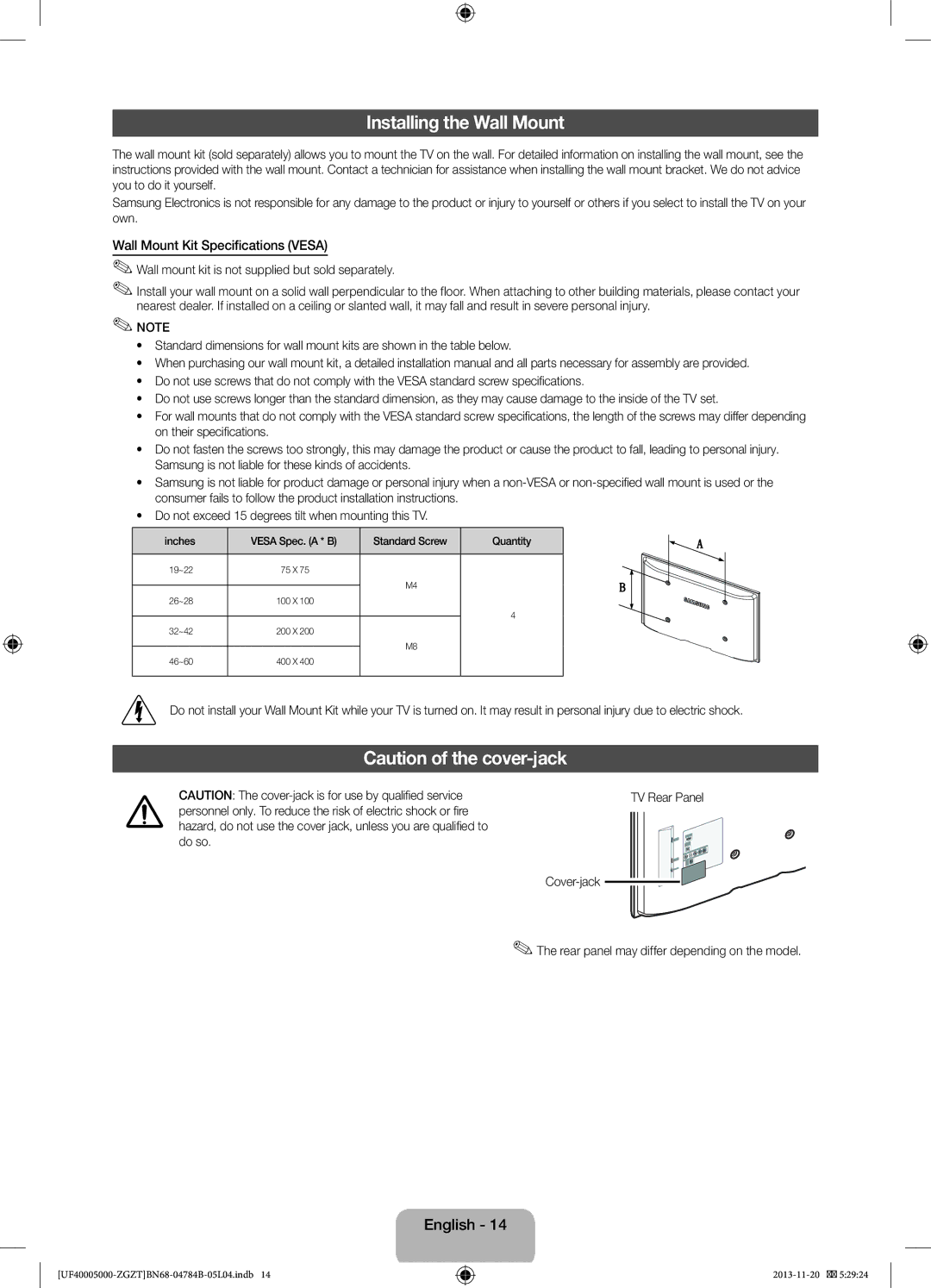 Samsung UE42F5000AWXZG, UE42F5000AWXXC, UE32F5000AWXXN manual Installing the Wall Mount, Wall Mount Kit Specifications Vesa 