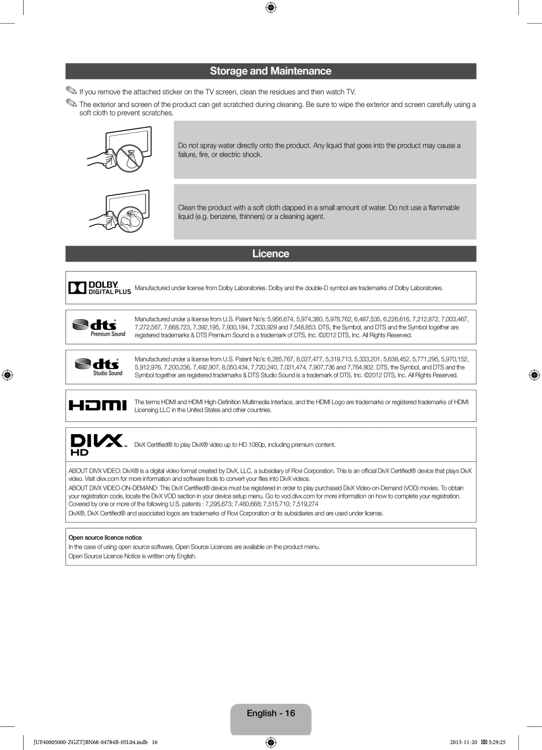 Samsung UE32F4000AWXTK, UE42F5000AWXXC, UE32F5000AWXXN, UE32F5000AWXXH, UE32F5000AWXZG manual Storage and Maintenance, Licence 