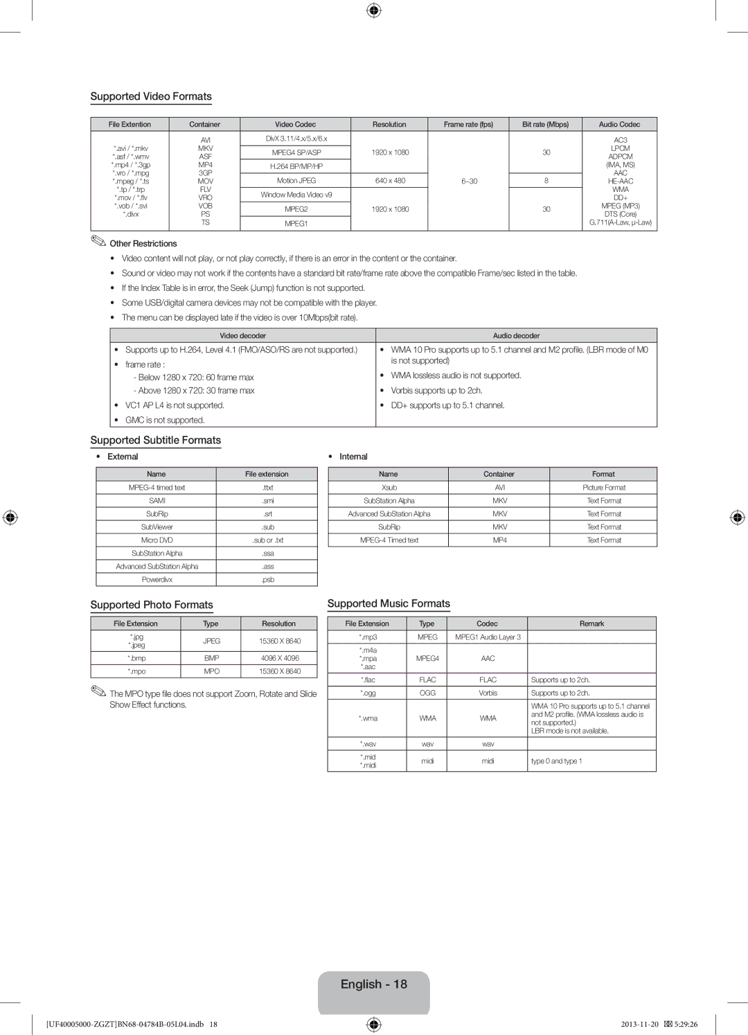 Samsung UE32F5000AWXZF, UE42F5000AWXXC manual Supported Video Formats, Supported Subtitle Formats, Supported Photo Formats 