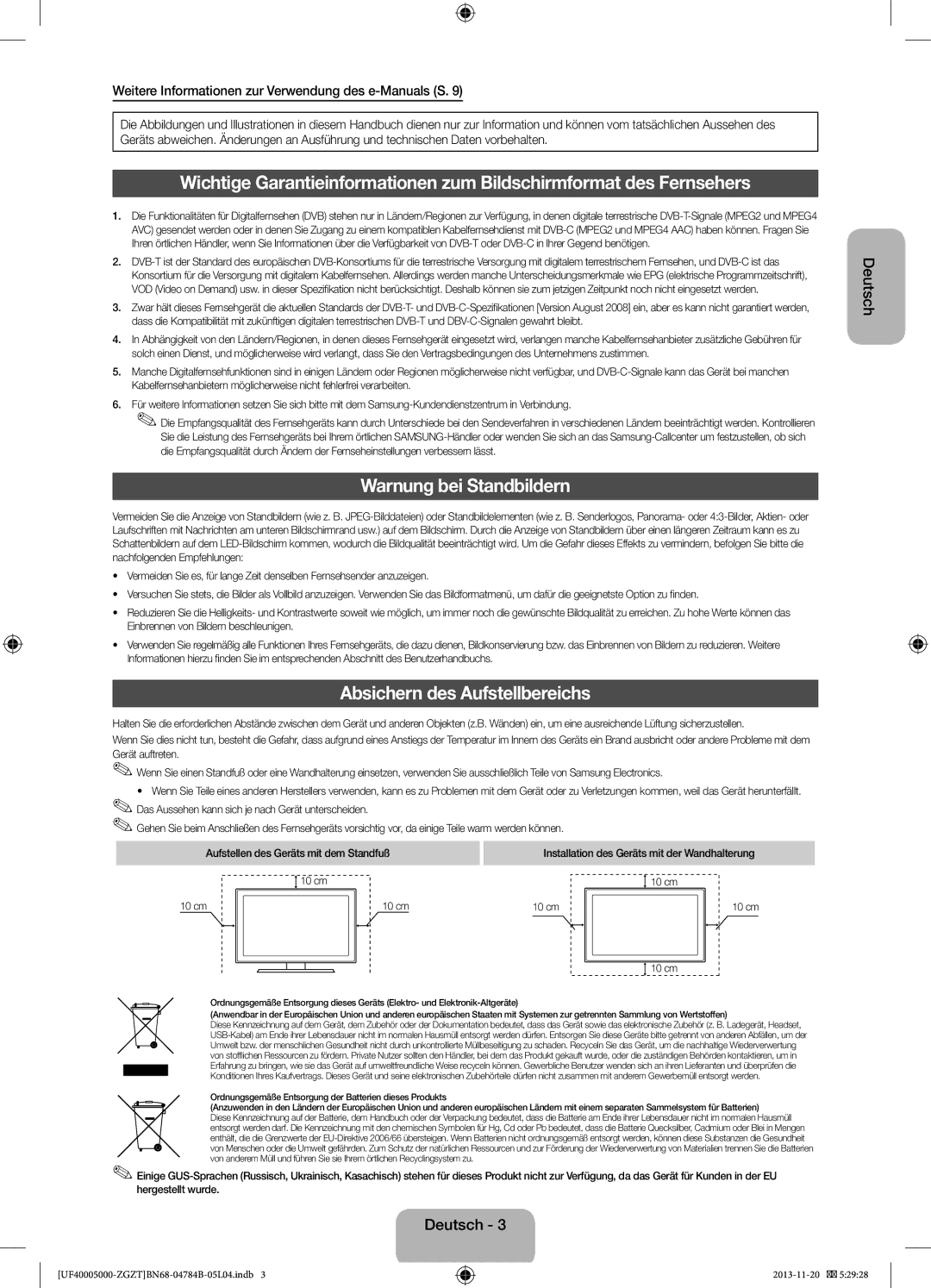 Samsung UE42F5000AWXBT, UE42F5000AWXXC, UE32F5000AWXXN manual Warnung bei Standbildern, Absichern des Aufstellbereichs 