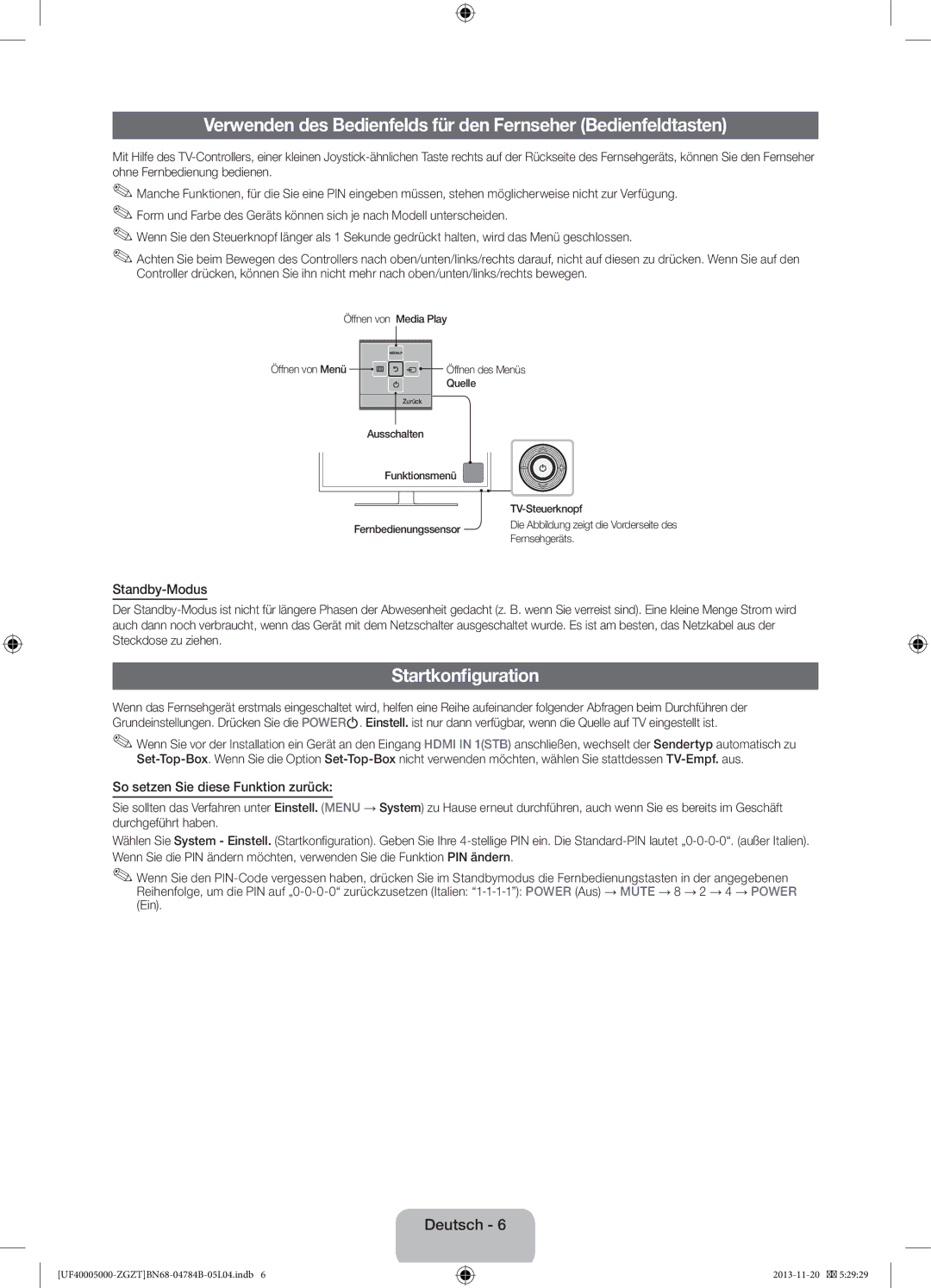 Samsung UE50F5000AWXXH, UE42F5000AWXXC manual Startkonfiguration, Standby-Modus, So setzen Sie diese Funktion zurück 