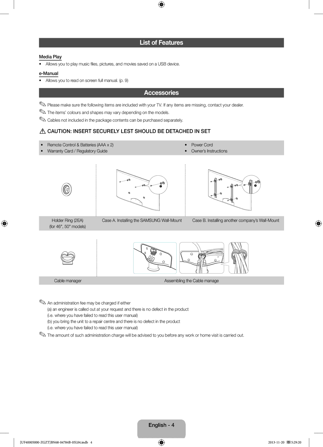 Samsung UE32F5000AWXXC, UE42F5000AWXXC, UE32F5000AWXXN, UE32F5000AWXXH List of Features, Accessories, Media Play, Manual 