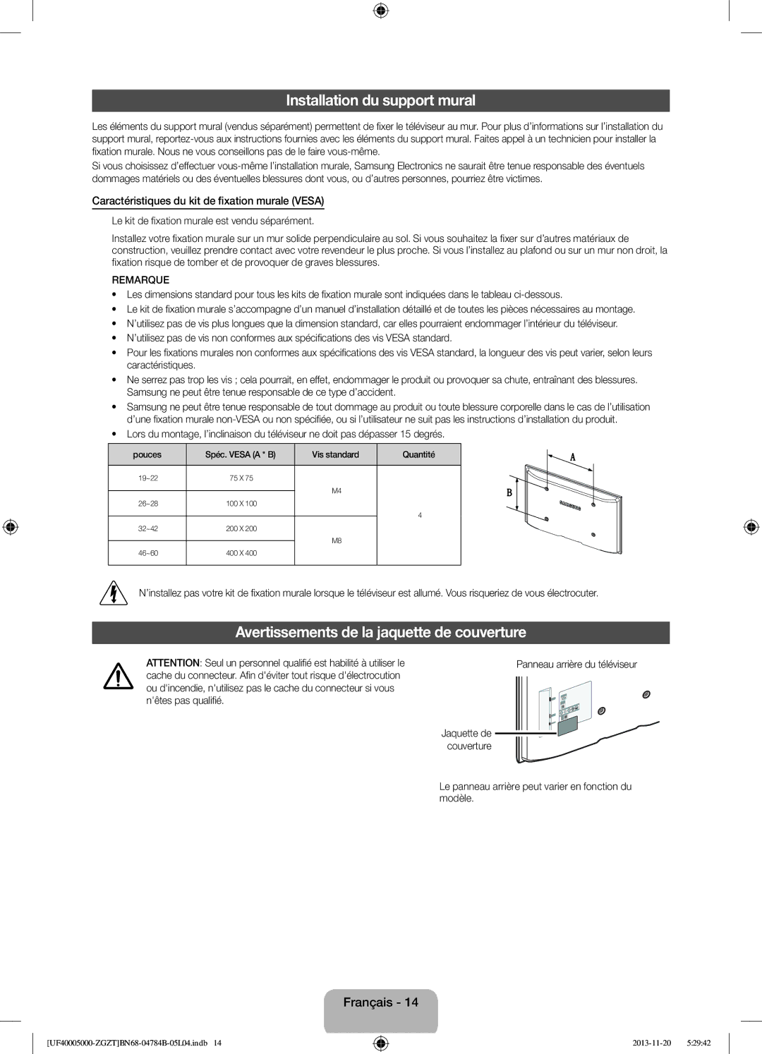 Samsung UE42F5000AWXBT, UE42F5000AWXXC manual Installation du support mural, Avertissements de la jaquette de couverture 